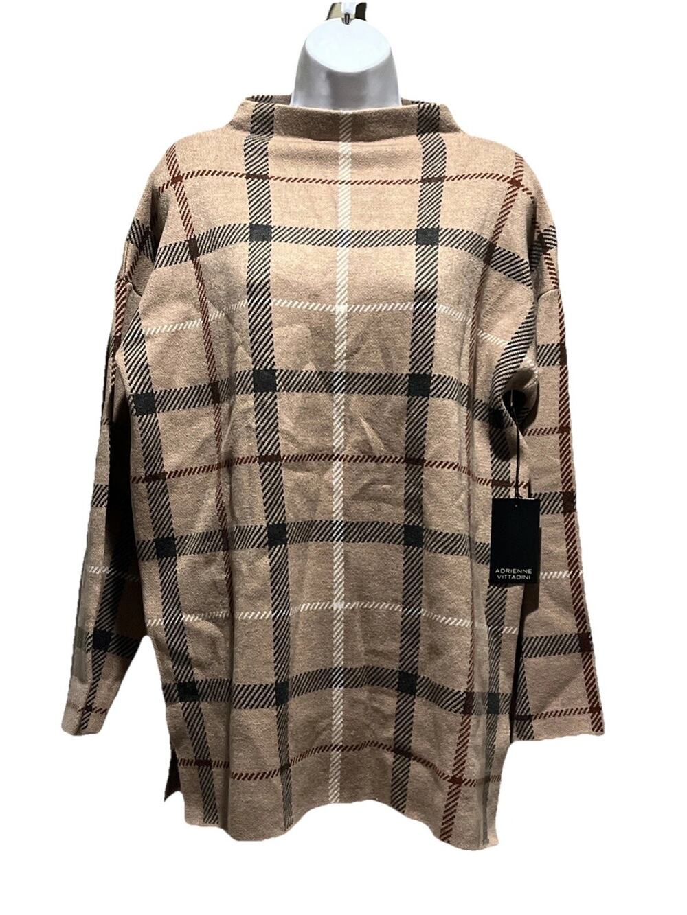 Adrienne Vittadini Plaid Sweater M Oversized Mock Neck NWT